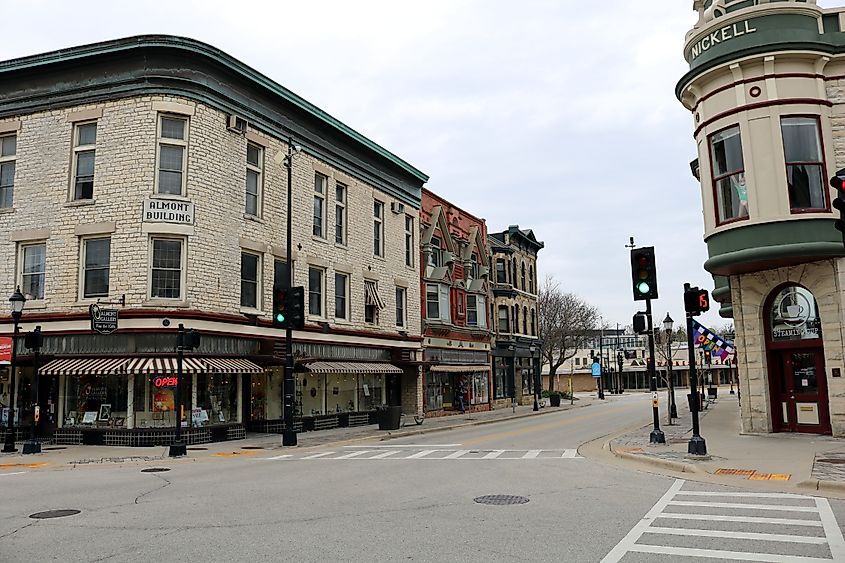 Almont and Nickell Buildings 342-338 West Main Street Waukesha, Wisconsin. Editorial credit: Robert R French / Shutterstock.com