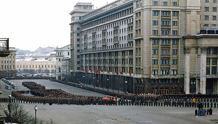 Funeral of Joseph Stalin, caught on camera by US assistant army attaché Major Martin Manhoff from the embassy balcony