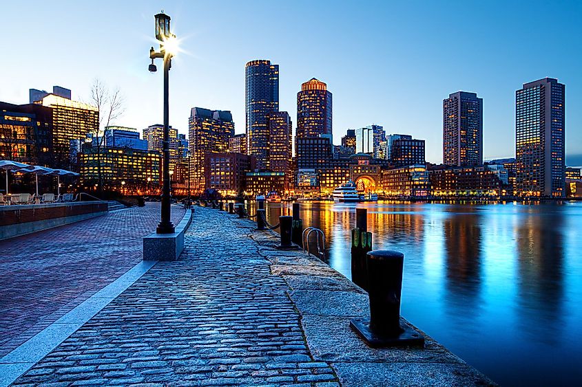 Boston Harbor and Financial District in Boston, Massachusetts at sunset