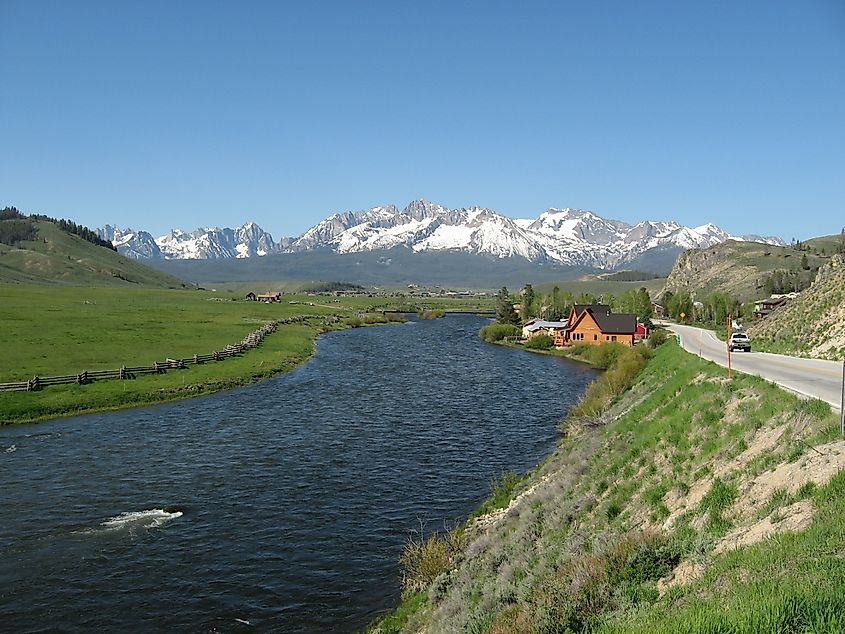 Sawtooth Mountains and Salmon River in Stanley, Idaho.