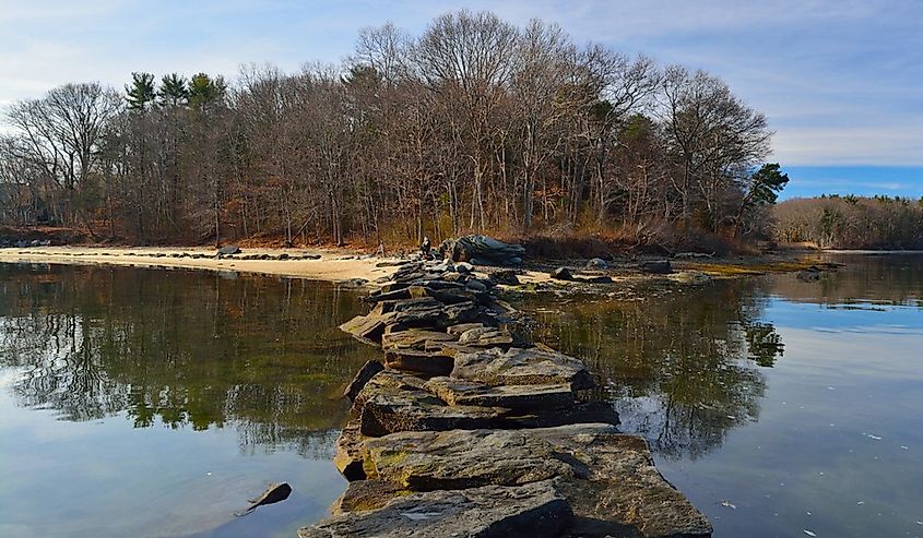Reflection and rocks on perspective at Goddard Memorial State Park in Warwick, Rhode Island.