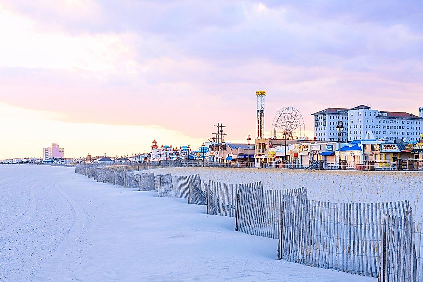 Evening on the beach and boardwalk of Ocean City, New Jersey.