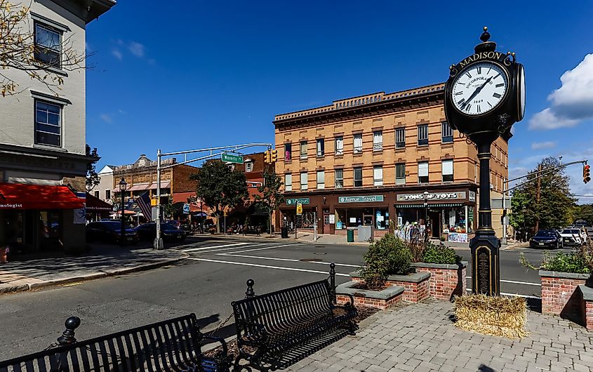 A huge clock in the main street of Madison, New Jersey downtown on a sunny afternoon