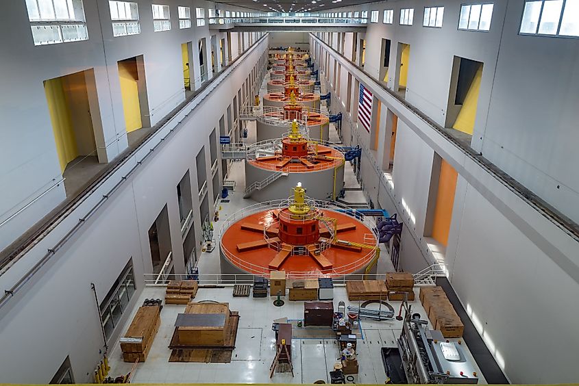 Hydroelectric turbine generators in the Second Powerhouse at the Bonneville Dam.