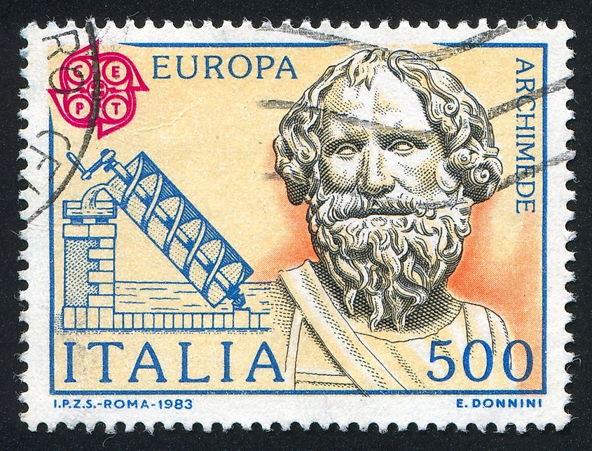 stamp printed by Italy, shows Archimedes and his screw, circa 1983