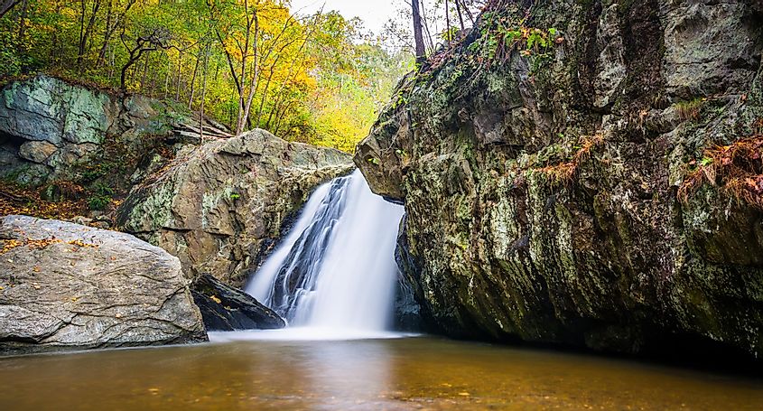 Early autumn color at Kilgore Falls, at Rocks State Park, Maryland