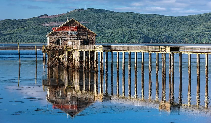 Historic pier and shop on Tillamook Bay in Garibaldi, Oregon.