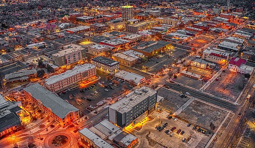 Aerial view of Christmas Lights in Grand Junction, Colorado at Dusk