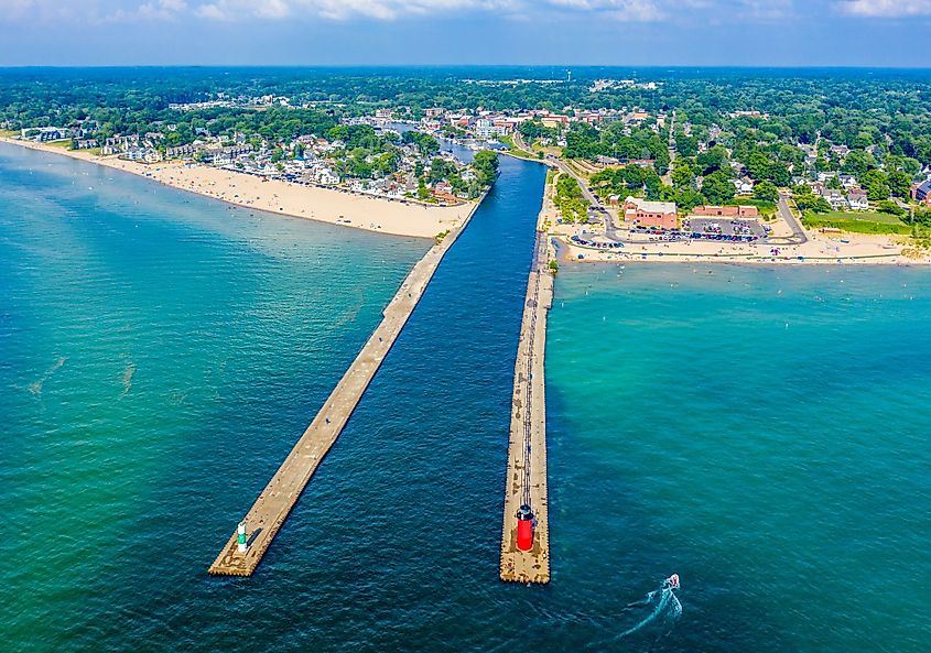 Aerial view of the South Haven Lighthouse on Lake Michigan