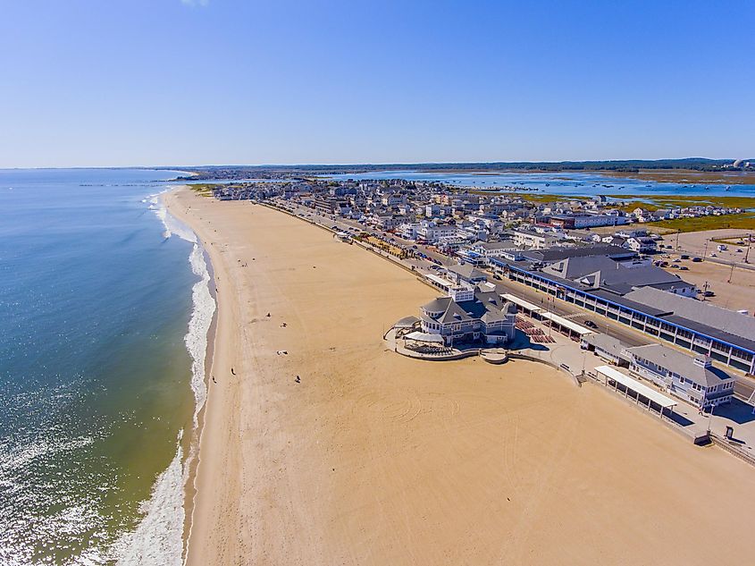 Hampton Beach aerial view including historic waterfront buildings on Ocean Boulevard and Hampton Beach State Park