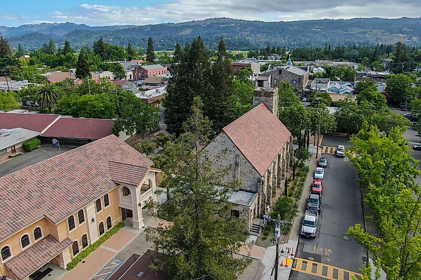 Aerial view of St. Helena Roman Catholic Church, historic church building in St. Helena, Napa Valley, California