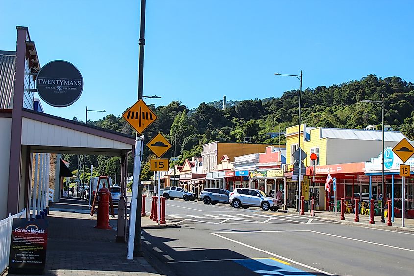 Historic shops along Pollen Street in Thames, New Zealand.