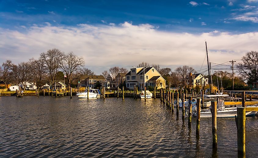 Boats docked along the harbor in Oxford, Maryland.