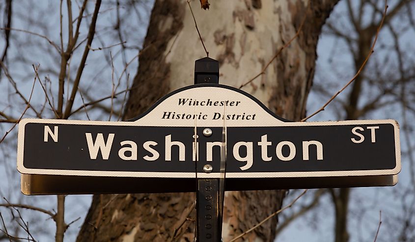 Winchester Historic District North Washington street sign seen during a sunny winter late afternoon