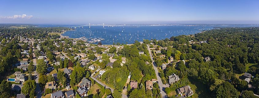 Claiborne Pell Newport Bridge on Narragansett Bay and town of Jamestown aerial view in summer, Jamestown on Conanicut Island, Rhode Island RI, USA.