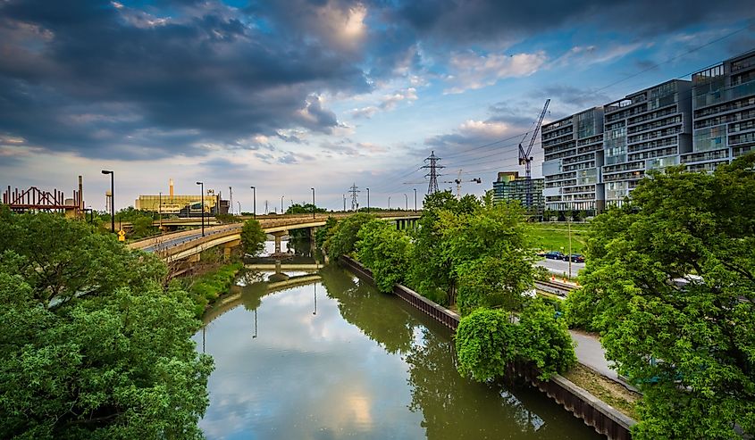 The Lower Don River, seen from Queen Street in Toronto, Ontario.