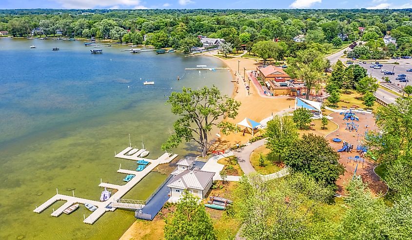 Aerial view of Crystal Lake main beach with some buildings. 
