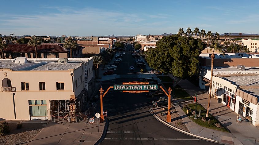 Yuma, Arizona, USA - January 3, 2022: Sunset view of the gateway sign to downtown Yuma.