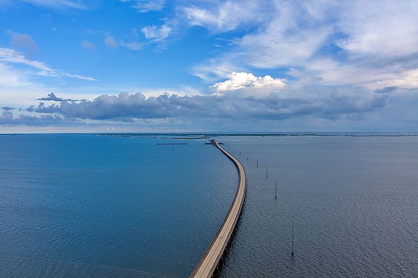 Dauphin Island and Dauphin Island Bridge, in Alabama, aerial view.