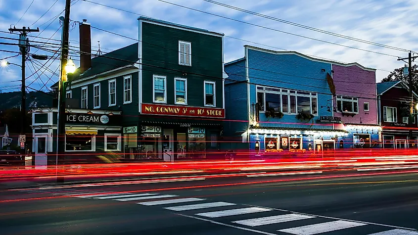 Downtown North Conway, New Hampshire at night.