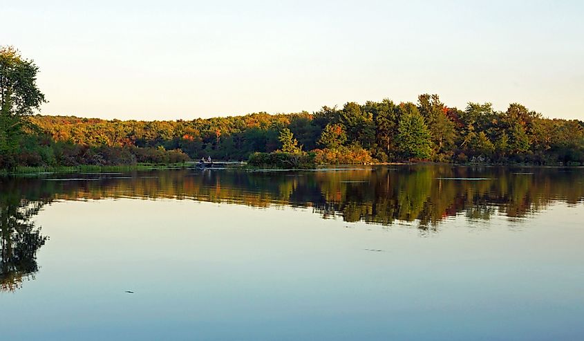 Autumn colors on a calm lake in Northeastern, Pennsylvania, Gouldsboro State Park