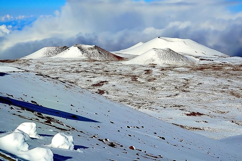 The cinder cones on Mauna Kea summit during winter. 