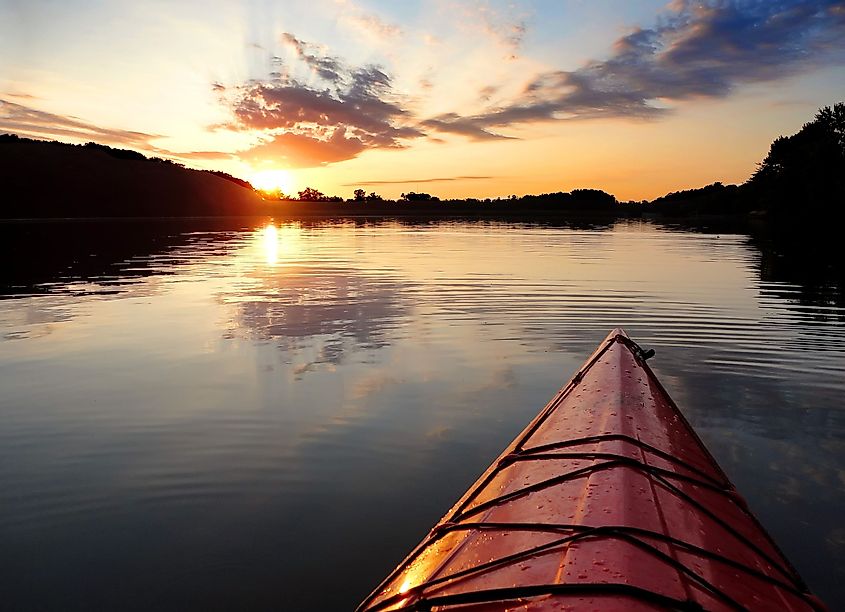 Beautiful sunset taken in a kayak on Lake Ahquabi State Park just south of Des Moines, Iowa.