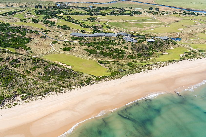 Aerial view of the famous Barnbougle Dunes golf course at Bridport, Tasmania. 