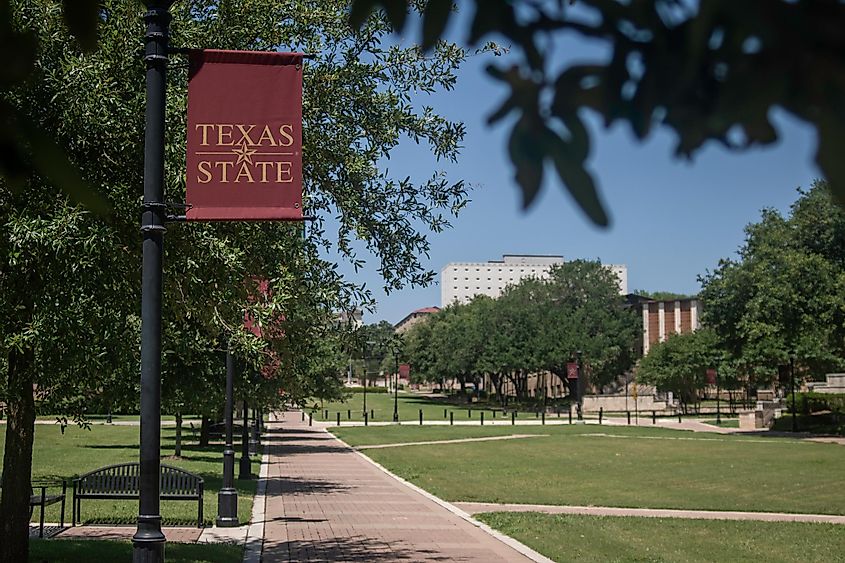 Texas State University banner and campus at San Marcos, Texas