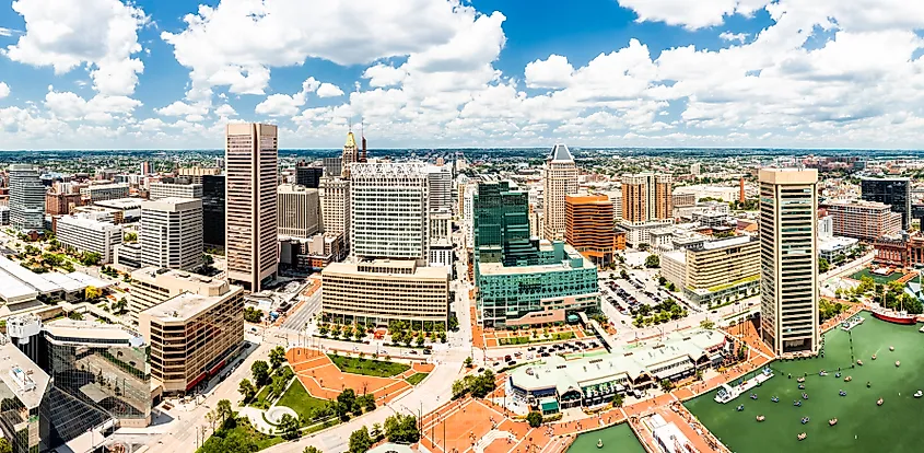 Aerial panorama of Baltimore Inner Harbor and skyline.