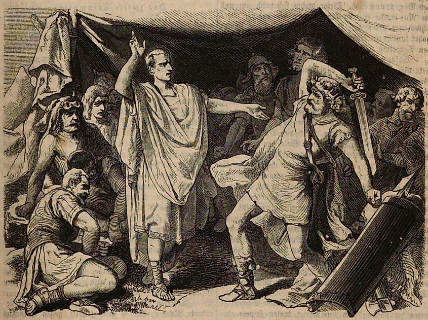 King Boiorix strikes down the legate Marcus Aurelius Scaurus after the battle of Arausio.