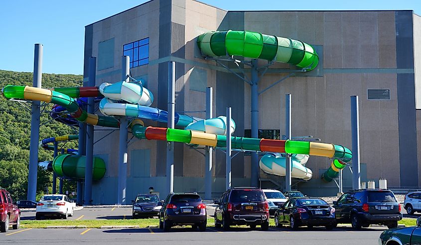 View of the Aquatopia indoor waterpark at the Camelback Mountain Resort, a large ski resort in the Poconos mountains in Pennsylvania, United States.