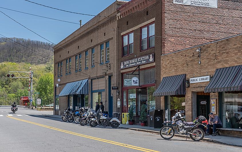 The Appalachian Trail goes right through downtown Hot Springs, North Carolina, along Bridge Street.