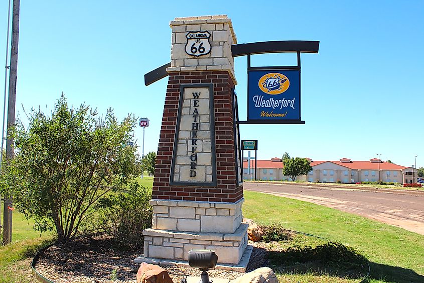 A welcome to Weatherford sign in Weatherford, Oklahoma