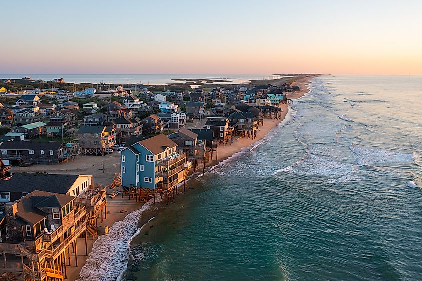 Aerial view of coastal homes in Buxton, North Carolina