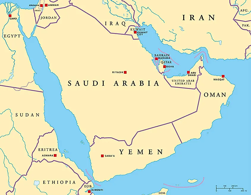 Arabian Peninsula Political Map with capitals, national borders, most important cities, rivers and lakes.