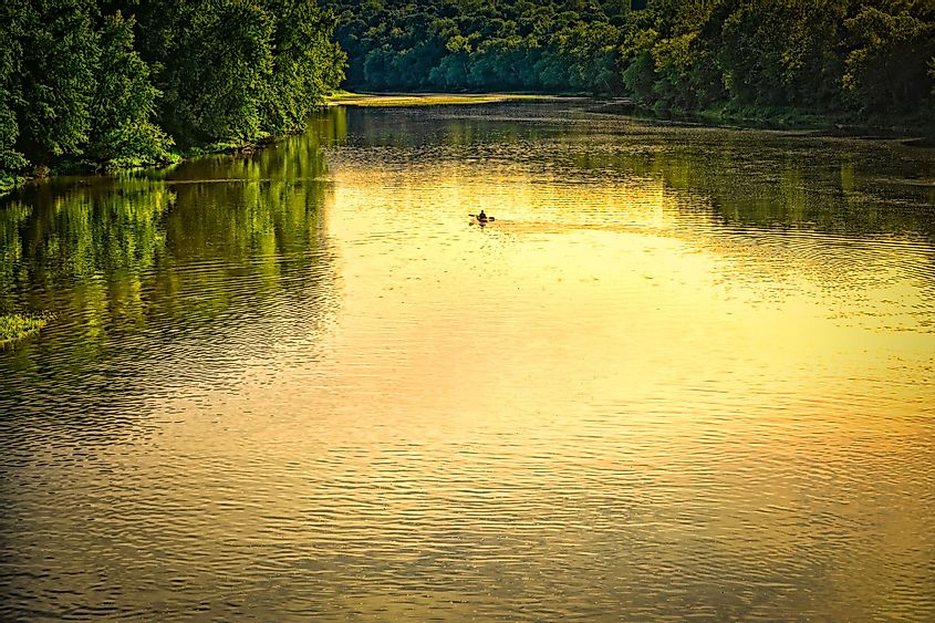 A lone canoer on the Wabash River at Davis Ferry, Indiana. 