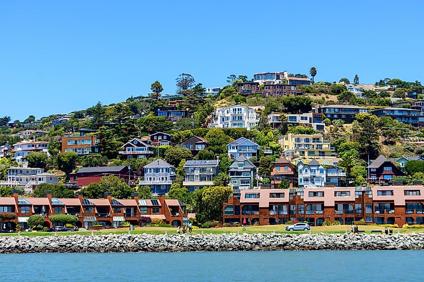 Scenic view of an upscale residential waterfront neighborhood in Tiburon from Raccoon Strait in San Francisco Bay, California