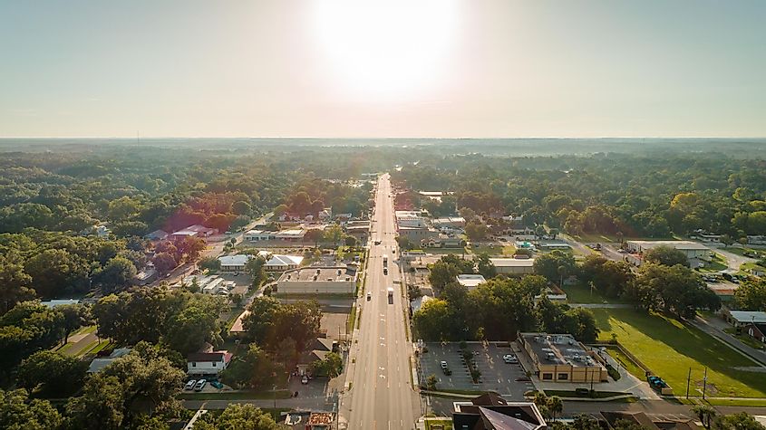 Aerial sunrise view of downtown Williston, Florida