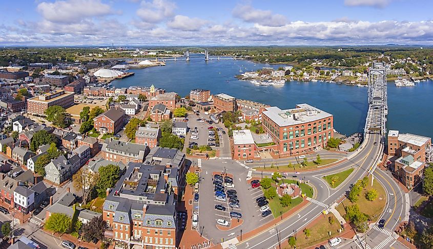 Aerial view of Portsmouth historic city center and waterfront of Piscataqua River with Memorial Bridge in New Hampshire