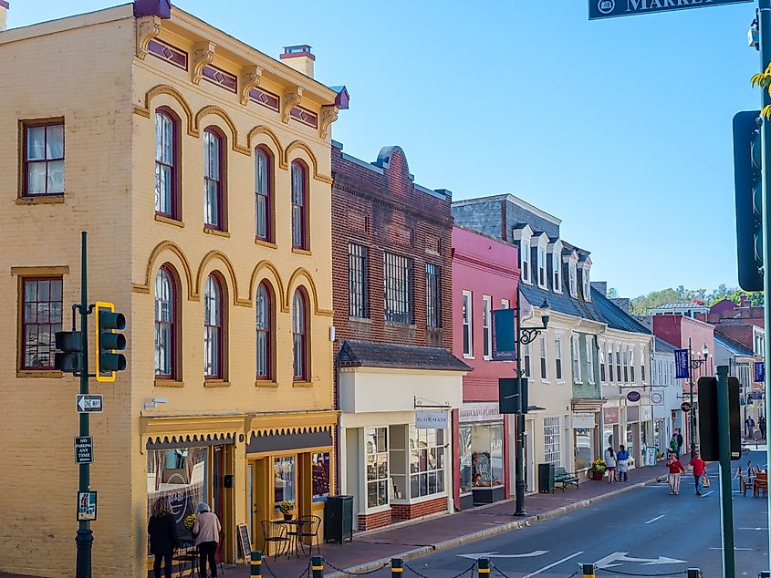Buildings along Beverley St in Downtown Historic Staunton Virginia. Editorial credit: Kyle J Little / Shutterstock.com