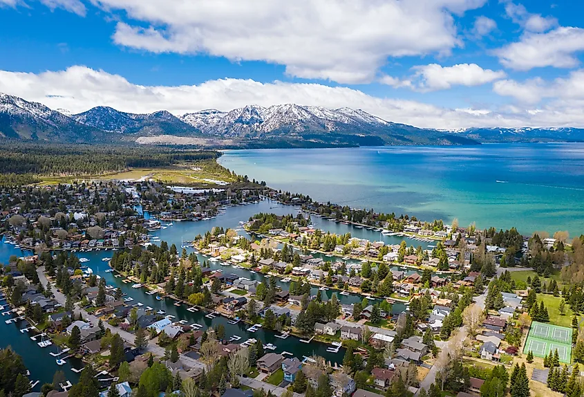 The gorgeous town of South Lake Tahoe on the shores of Lake Tahoe.