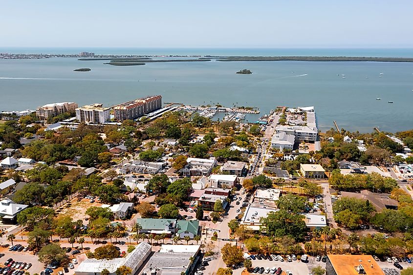 An aerial view of Edgewater Park and downtown Dunedin, Florida.