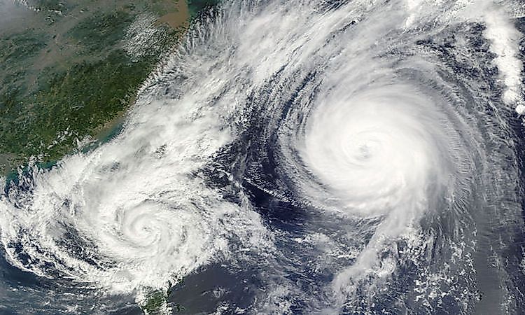 Two cyclones interacting, showing the Fujiwhara Effect