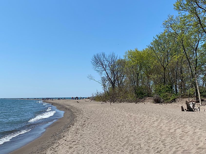 Looking up a beach bordered by small lake waves and a forest, to a sand spit populated with people.