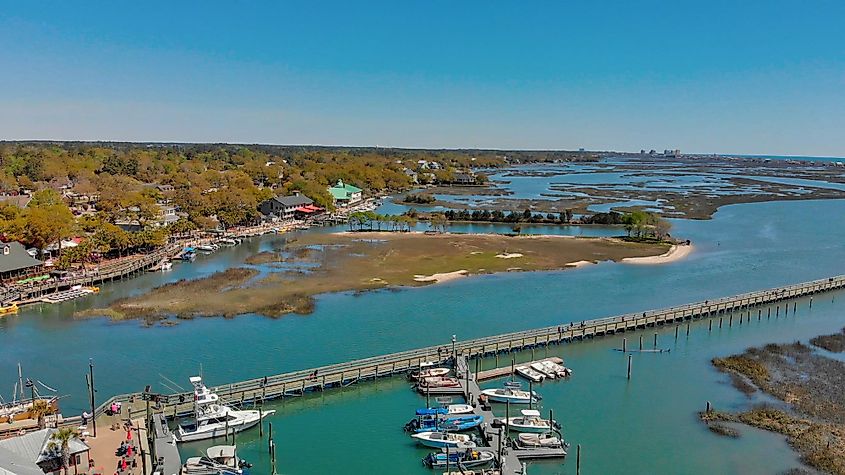 Panoramic aerial view of Georgetown, South Carolina, at sunset.