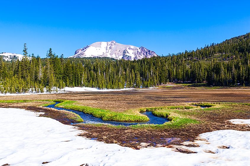 snow on Mount Lassen in lassen volcanic national park.
