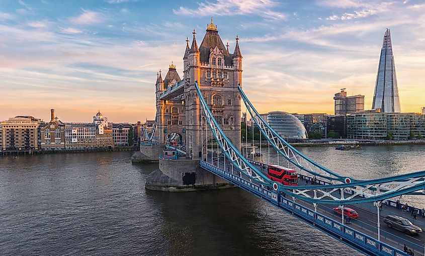 Tower Bridge in London, the UK. Sunset with beautiful clouds