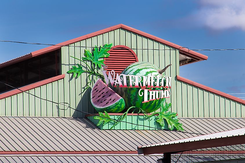 Sign for the Luling Watermelon Thump in Luling, Texas. Image credit Philip Arno Photography via Shutterstock