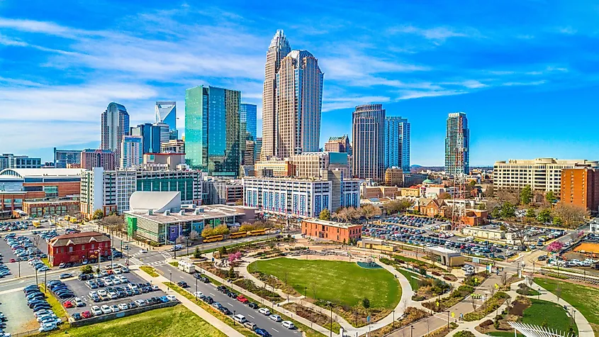 View of downtown Charlotte, North Carolina from First Ward Park. 